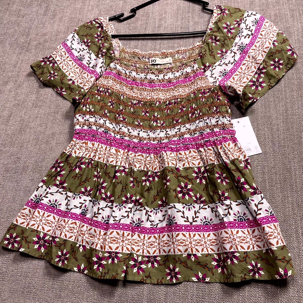 Sonoma Goods for Life Babydoll Top Womens M Multi Floral Smocked Short Sleeve